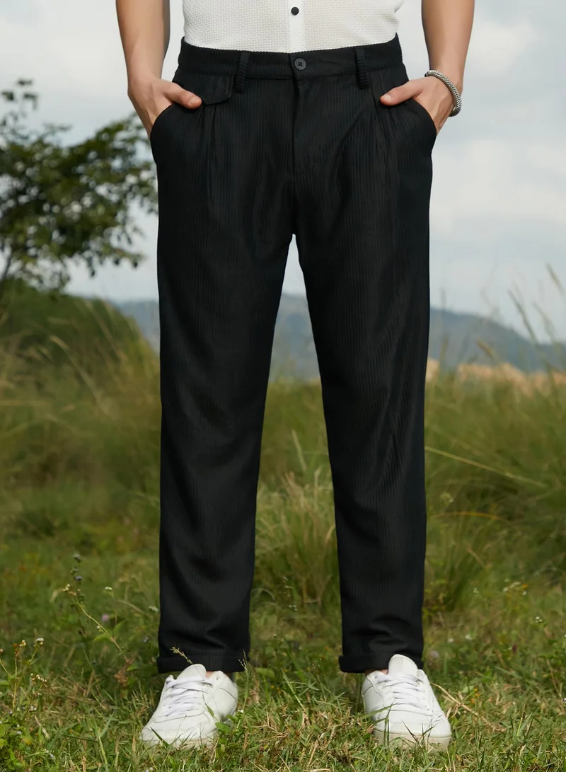 CAHOOT  Men's Midnight Black Corduroy Tailored Trousers For Casual Wear | Mid-Rise | Regular Fit | Button Closure | Trousers Crafted With Comfort Fit For Everyday Wear for Men | Best Price UAE